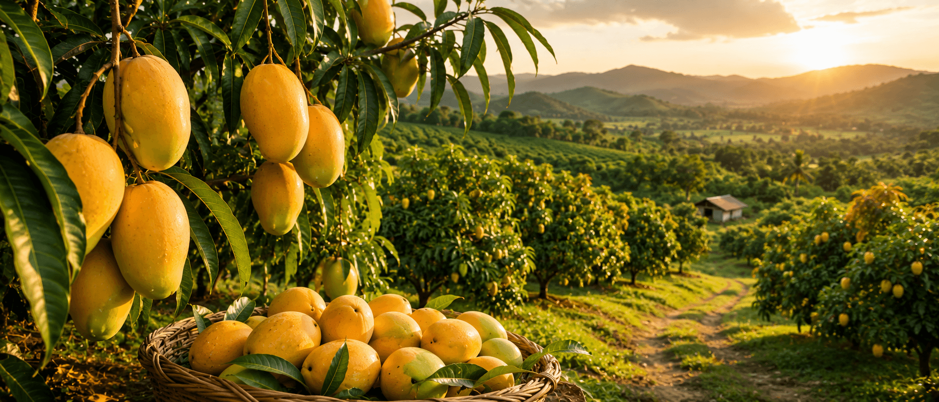 A thriving mango orchard at golden hour